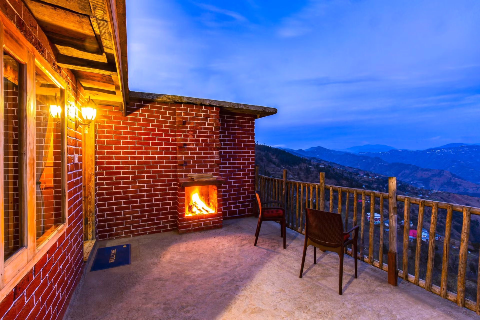 Fireplace in the patio of family room in Cheog Shimla homestay